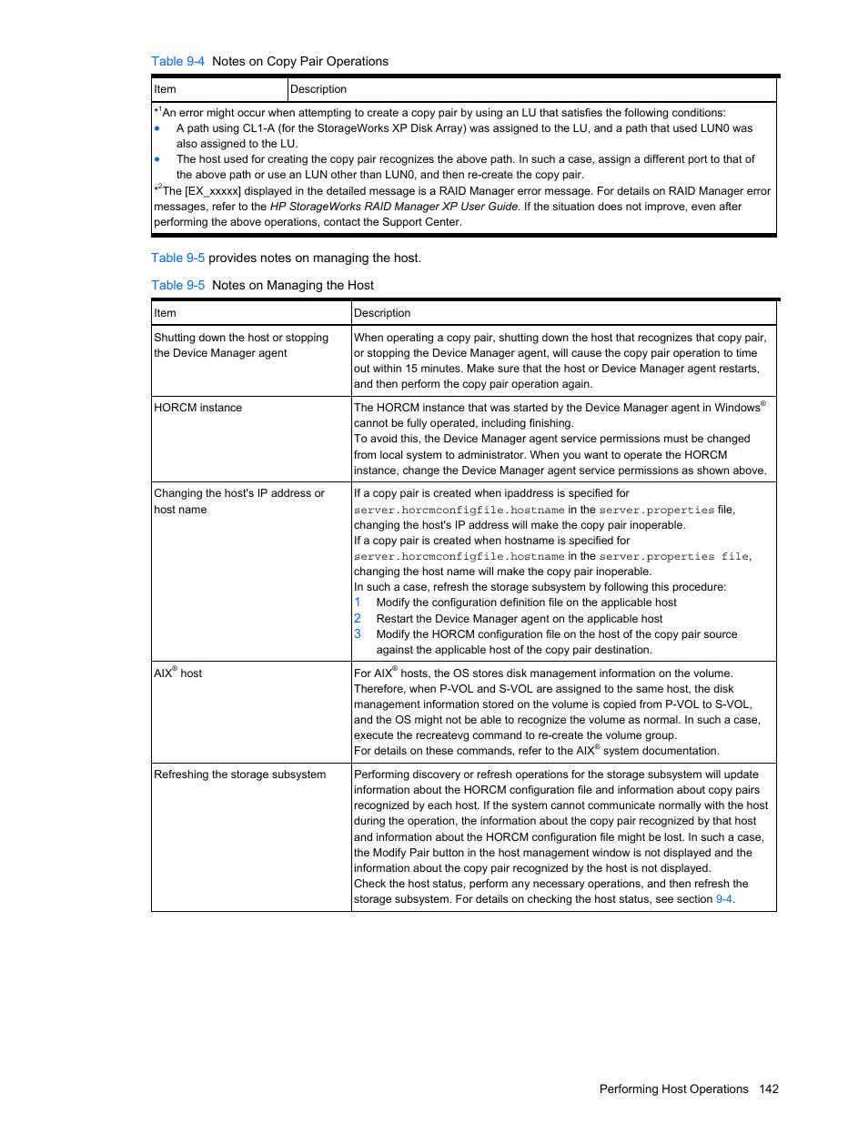 Table 9-5 notes on managing the host | HP XP Command View Advanced Edition Software User Manual | Page 142 / 201