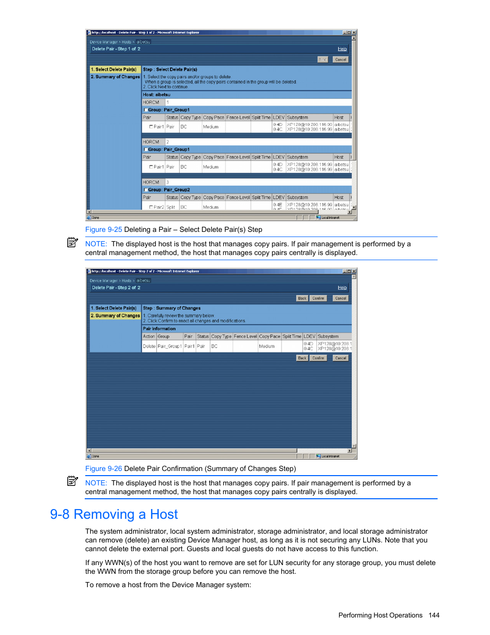 8 removing a host, Removing a host | HP XP Command View Advanced Edition Software User Manual | Page 144 / 201
