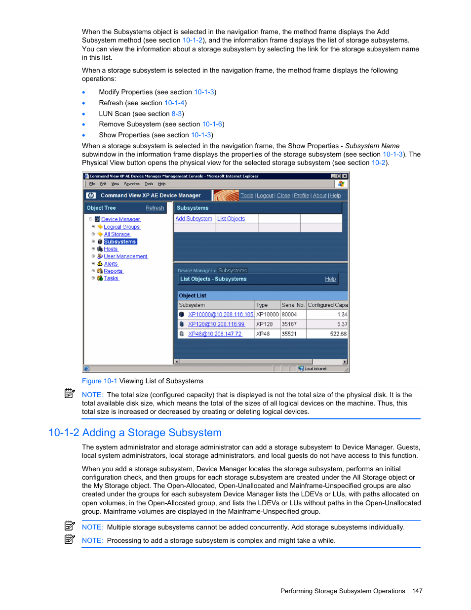 1-2 adding a storage subsystem, Adding a storage subsystem, Figure 10-1 viewing list of subsystems | HP XP Command View Advanced Edition Software User Manual | Page 147 / 201