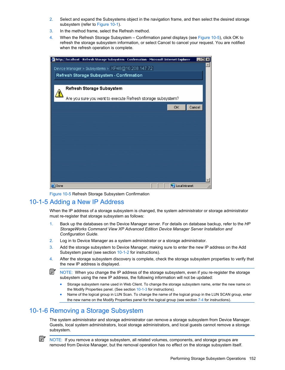 1-5 adding a new ip address, 1-6 removing a storage subsystem, Adding a new ip address | Removing a storage subsystem, Figure 10-5 refresh storage subsystem confirmation | HP XP Command View Advanced Edition Software User Manual | Page 152 / 201