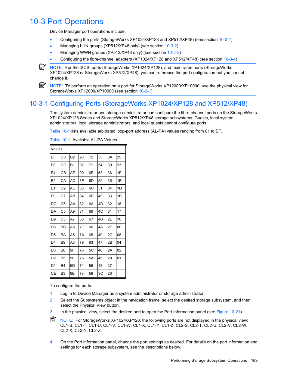 3 port operations, Port operations, Table 10-1 available al-pa values | HP XP Command View Advanced Edition Software User Manual | Page 169 / 201