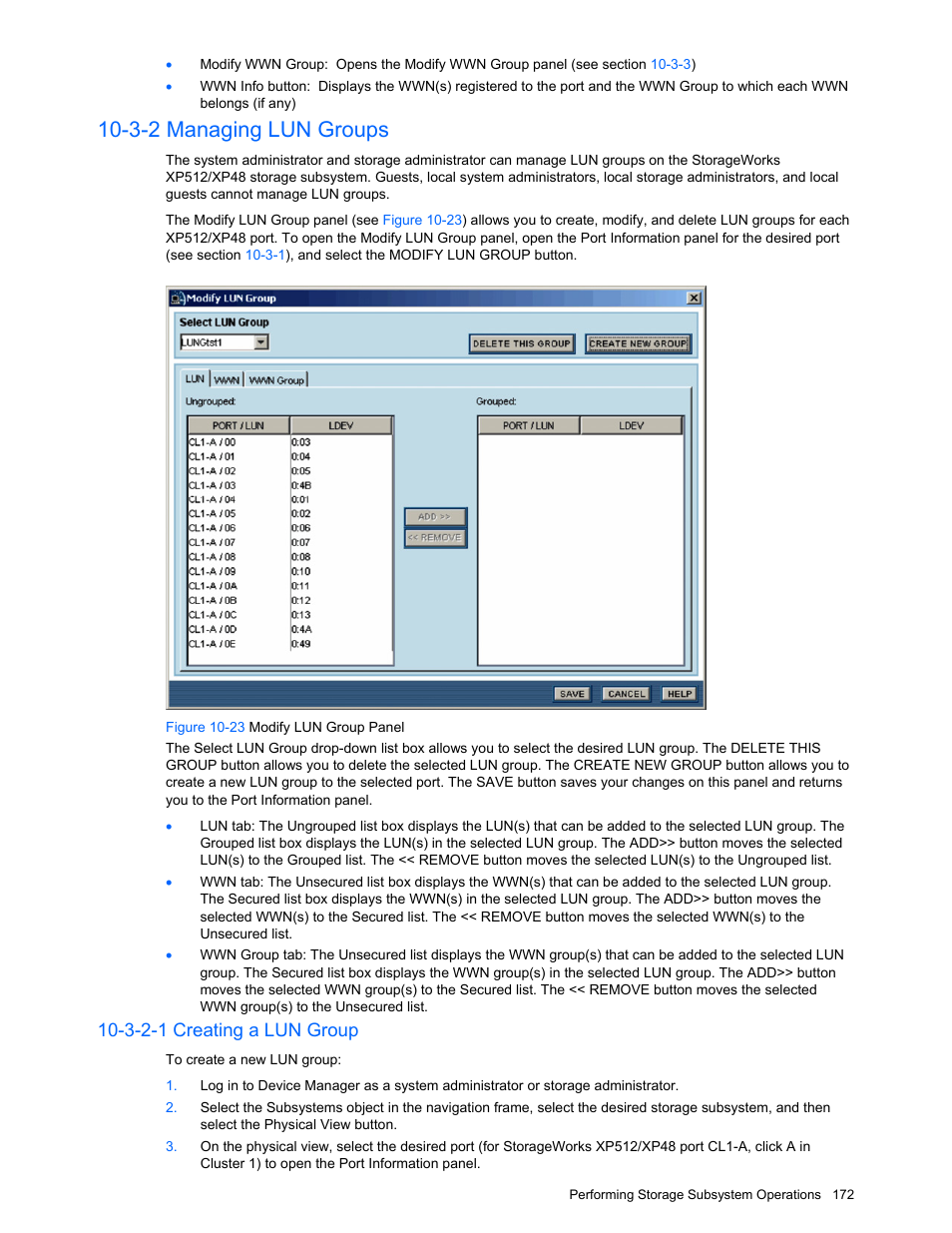 3-2 managing lun groups, 3-2-1 creating a lun group, Managing lun groups | Figure 10-23 modify lun group panel | HP XP Command View Advanced Edition Software User Manual | Page 172 / 201