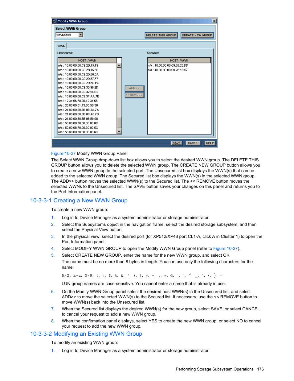 3-3-1 creating a new wwn group, 3-3-2 modifying an existing wwn group, Figure 10-27 modify wwn group panel | HP XP Command View Advanced Edition Software User Manual | Page 176 / 201