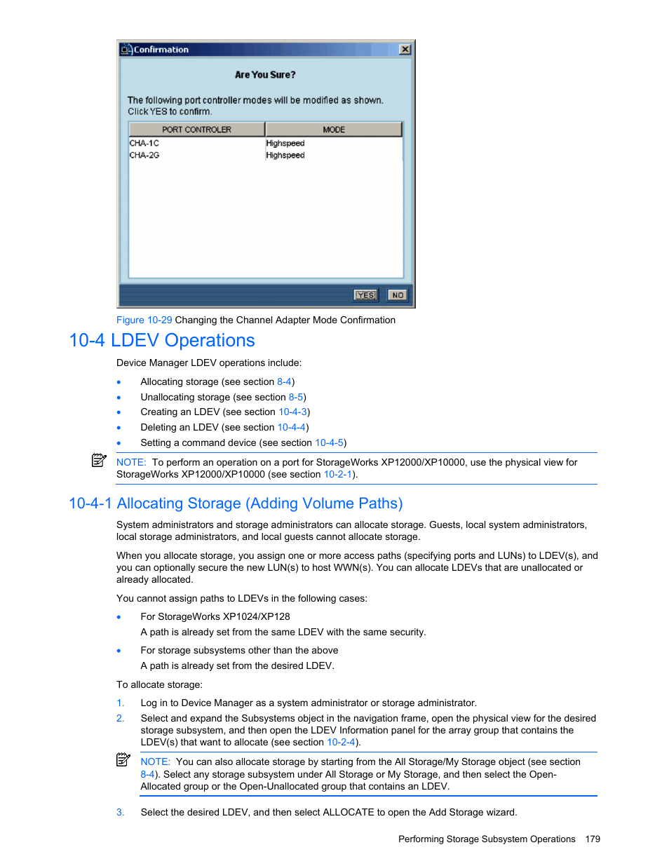 4 ldev operations, 4-1 allocating storage (adding volume paths), Ldev operations | Allocating storage (adding volume paths) | HP XP Command View Advanced Edition Software User Manual | Page 179 / 201