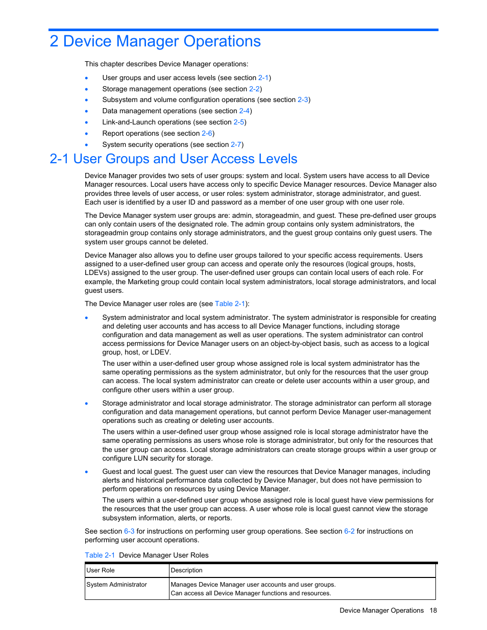 2 device manager operations, 1 user groups and user access levels, Device manager operations | User groups and user access levels, Table 2-1 device manager user roles | HP XP Command View Advanced Edition Software User Manual | Page 18 / 201