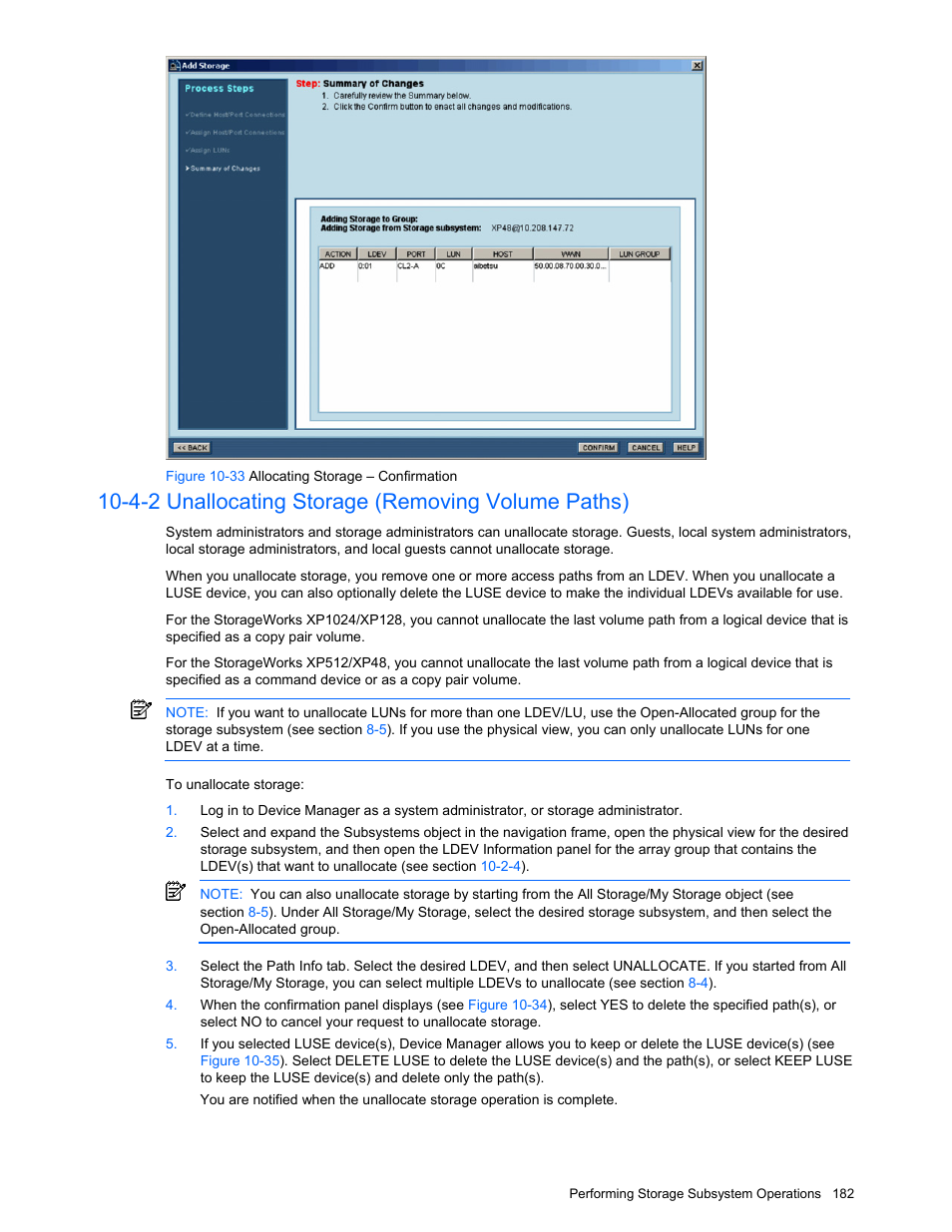 4-2 unallocating storage (removing volume paths), Unallocating storage (removing volume paths), Figure 10-33 allocating storage – confirmation | HP XP Command View Advanced Edition Software User Manual | Page 182 / 201