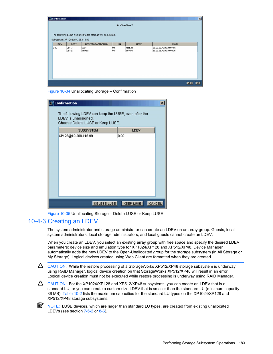 4-3 creating an ldev, Creating an ldev, Figure 10-34 unallocating storage – confirmation | HP XP Command View Advanced Edition Software User Manual | Page 183 / 201