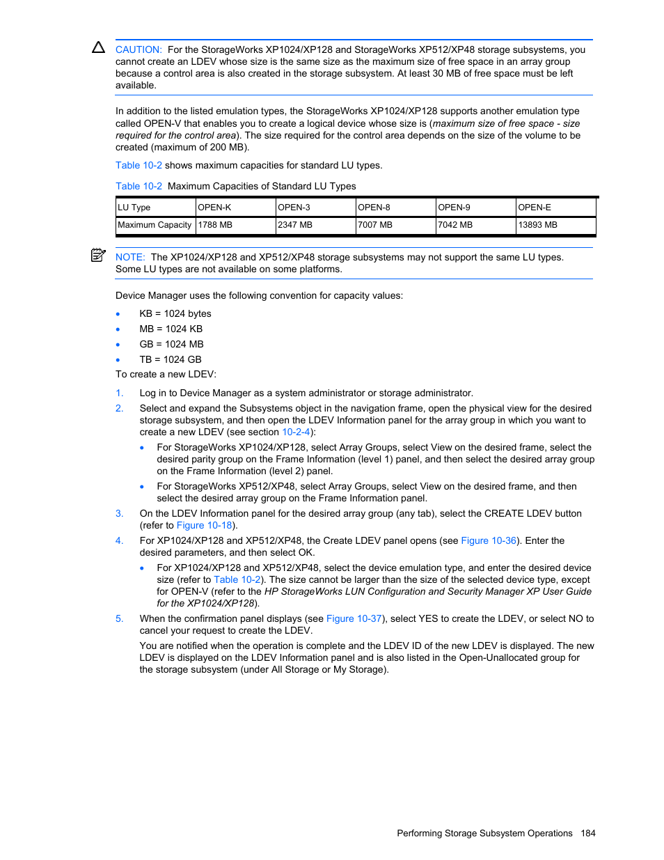 Table 10-2 maximum capacities of standard lu types | HP XP Command View Advanced Edition Software User Manual | Page 184 / 201