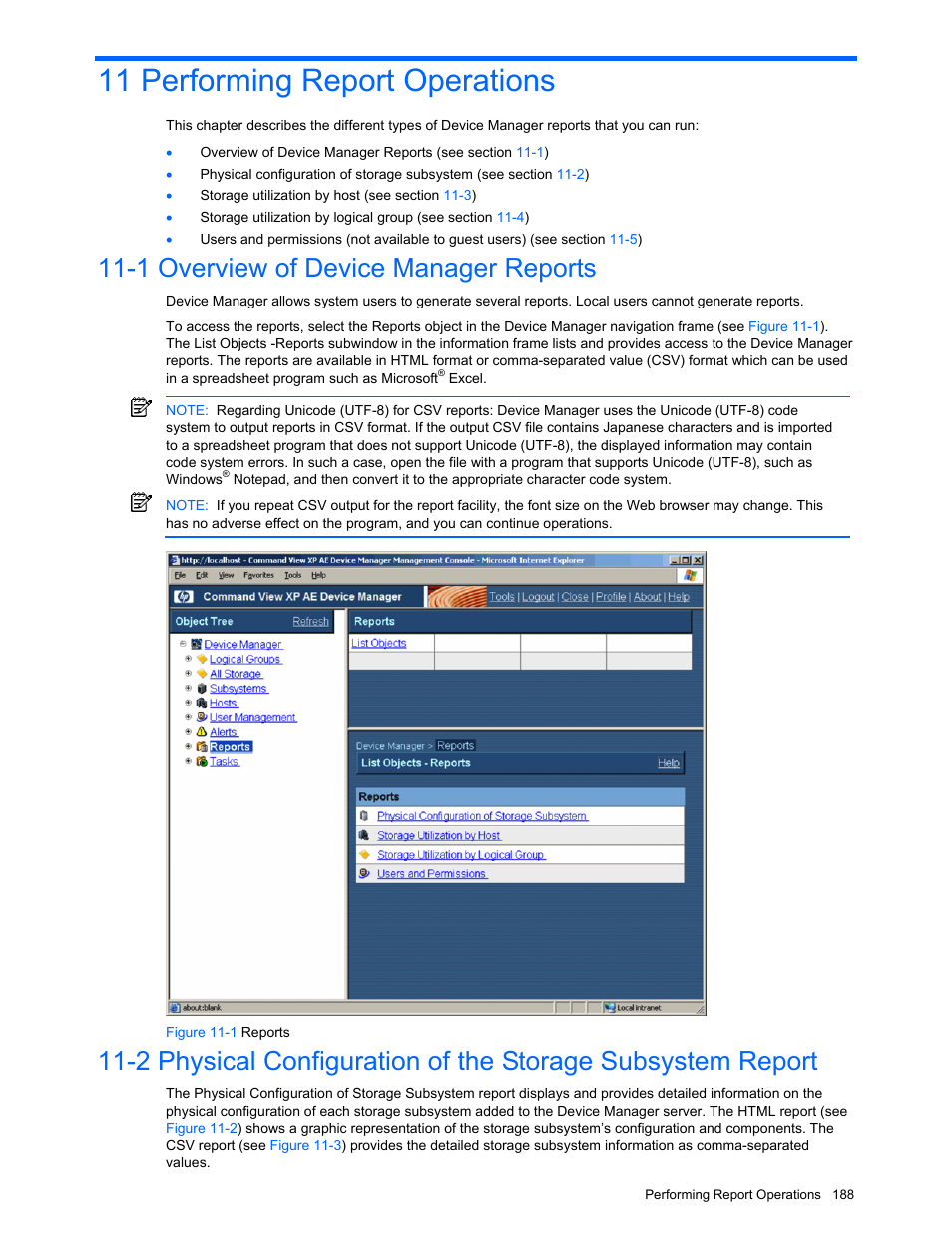 11 performing report operations, 1 overview of device manager reports, Performing report operations | Overview of device manager reports, Figure 11-1 reports | HP XP Command View Advanced Edition Software User Manual | Page 188 / 201