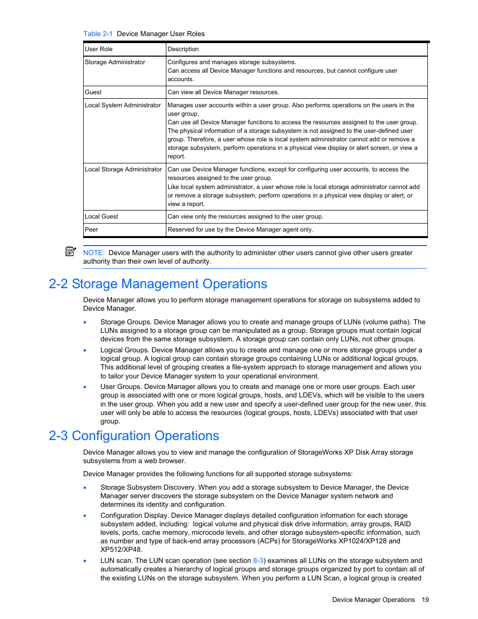 2 storage management operations, 3 configuration operations, Storage management operations | Configuration operations | HP XP Command View Advanced Edition Software User Manual | Page 19 / 201