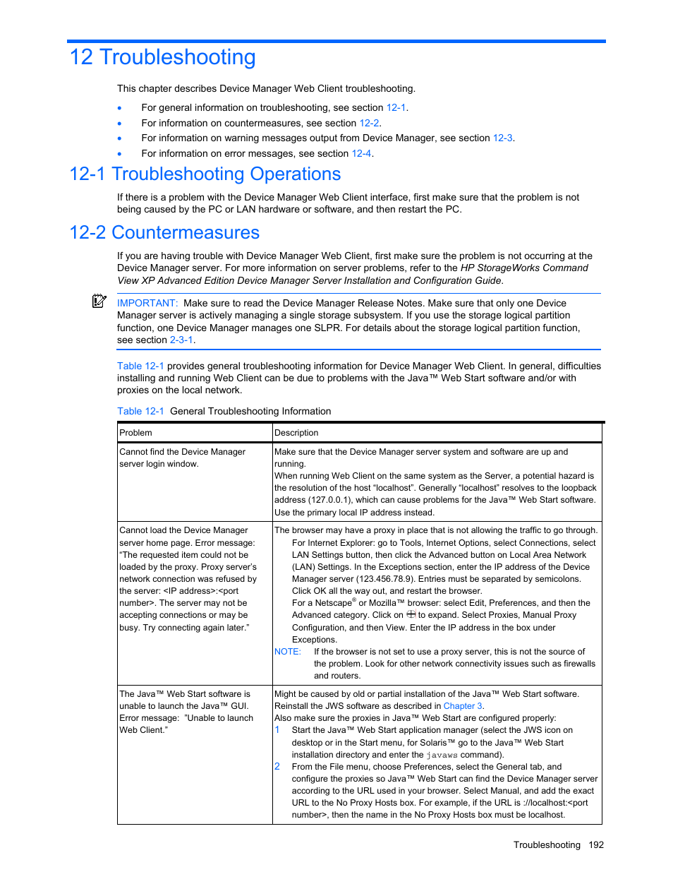 12 troubleshooting, 1 troubleshooting operations, 2 countermeasures | Troubleshooting, Troubleshooting operations, Countermeasures, Table 12-1 general troubleshooting information | HP XP Command View Advanced Edition Software User Manual | Page 192 / 201