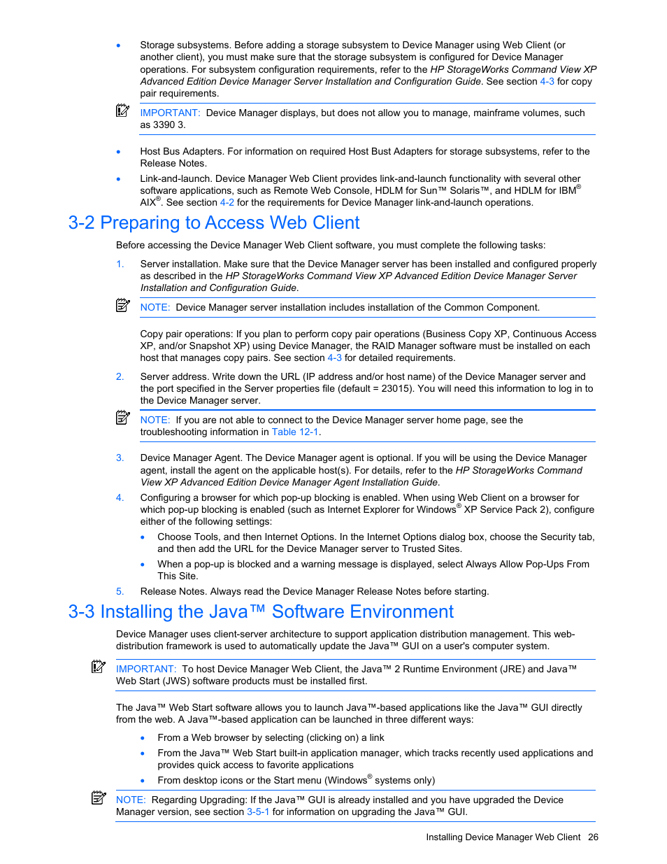 2 preparing to access web client, 3 installing the java™ software environment, Preparing to access web client | Installing the java™ software environment | HP XP Command View Advanced Edition Software User Manual | Page 26 / 201