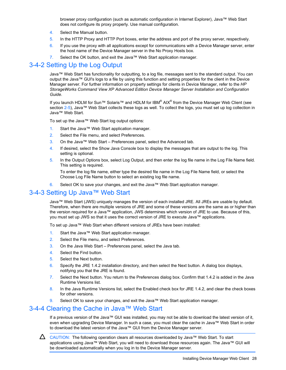 4-2 setting up the log output, 4-3 setting up java™ web start, 4-4 clearing the cache in java™ web start | Setting up the log output, Setting up java™ web start, Clearing the cache in java™ web start | HP XP Command View Advanced Edition Software User Manual | Page 28 / 201