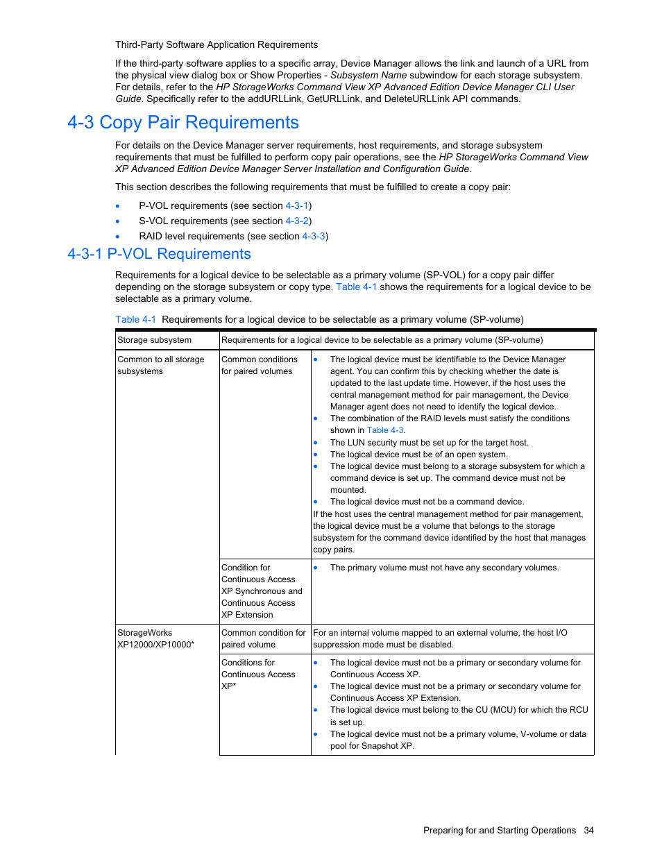 3 copy pair requirements, 3-1 p-vol requirements, Copy pair requirements | P-vol requirements | HP XP Command View Advanced Edition Software User Manual | Page 34 / 201