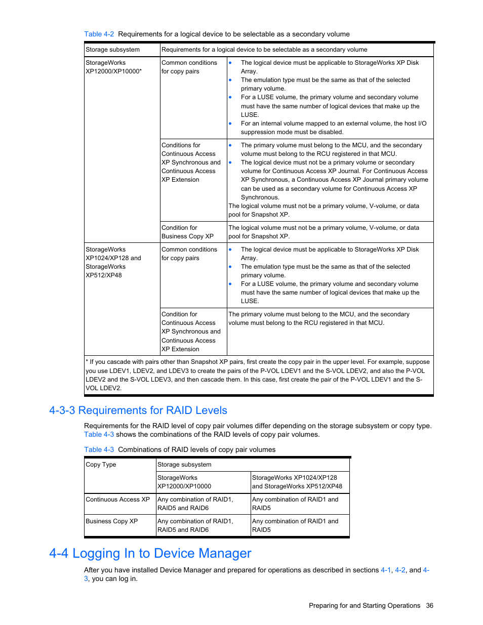 3-3 requirements for raid levels, 4 logging in to device manager, Requirements for raid levels | Logging in to device manager | HP XP Command View Advanced Edition Software User Manual | Page 36 / 201