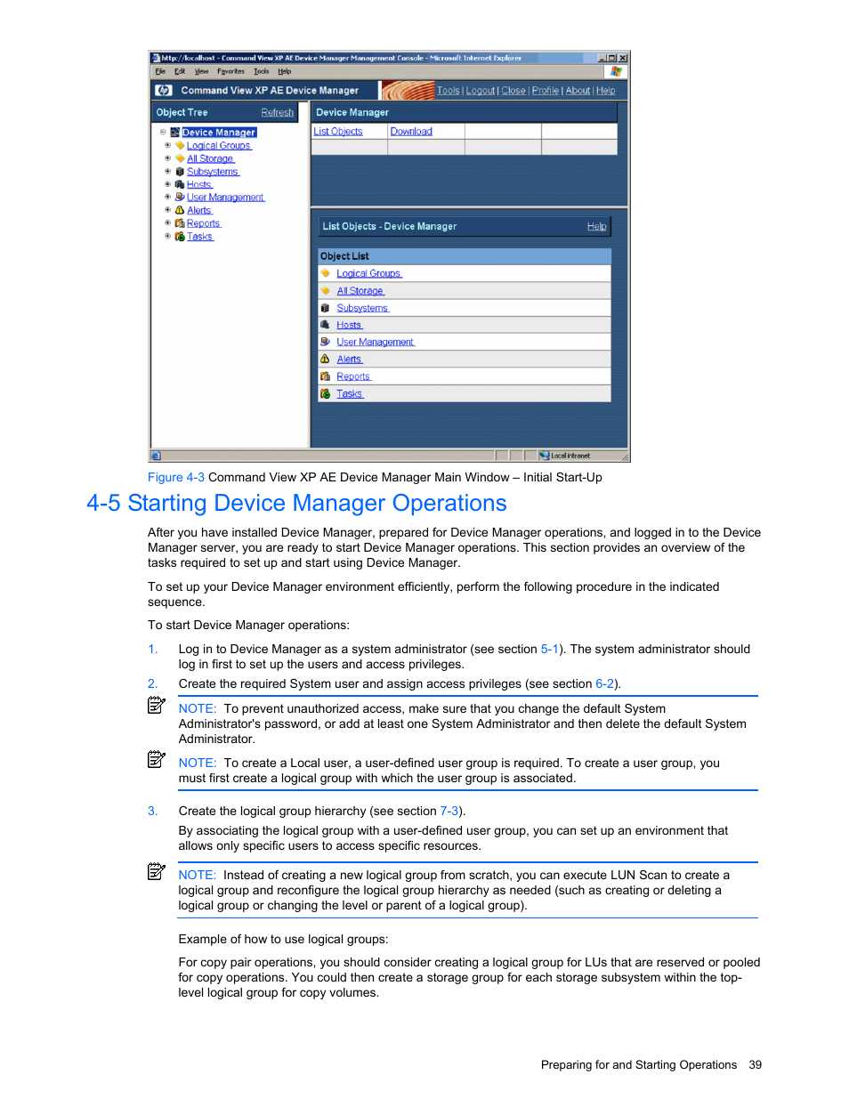 5 starting device manager operations, Starting device manager operations | HP XP Command View Advanced Edition Software User Manual | Page 39 / 201