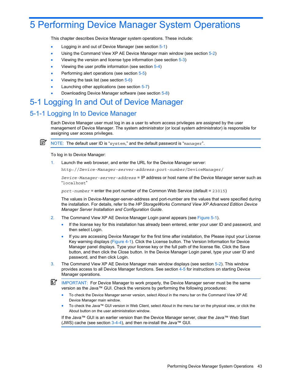 5 performing device manager system operations, 1 logging in and out of device manager, 1-1 logging in to device manager | Performing device manager system operations, Logging in and out of device manager, Logging in to device manager | HP XP Command View Advanced Edition Software User Manual | Page 43 / 201