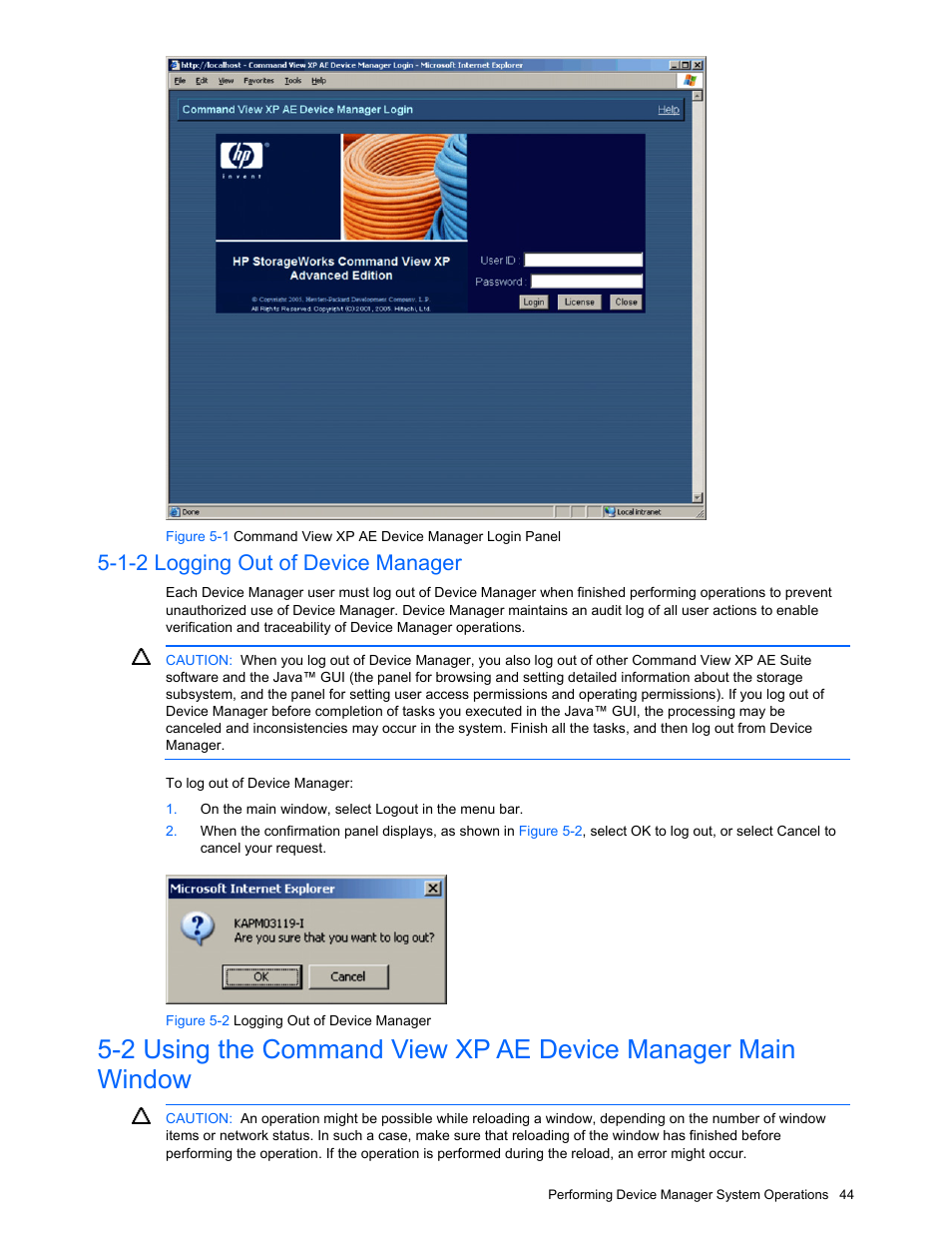 1-2 logging out of device manager, Logging out of device manager, Figure 5-2 logging out of device manager | HP XP Command View Advanced Edition Software User Manual | Page 44 / 201