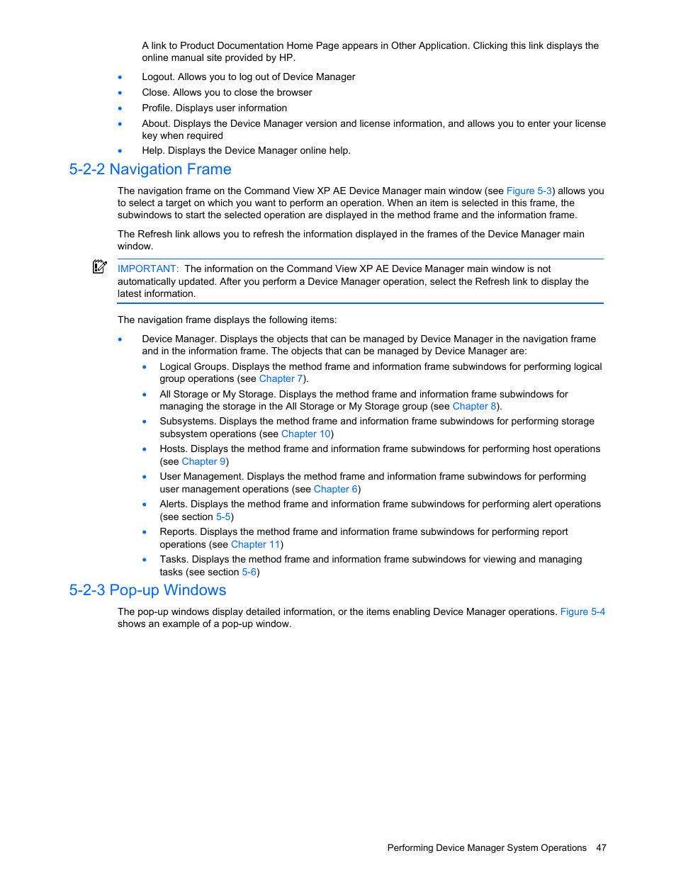 2-2 navigation frame, 2-3 pop-up windows, Navigation frame | Pop-up windows | HP XP Command View Advanced Edition Software User Manual | Page 47 / 201