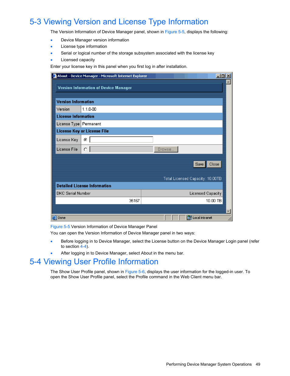 3 viewing version and license type information, 4 viewing user profile information, Viewing version and license type information | Viewing user profile information | HP XP Command View Advanced Edition Software User Manual | Page 49 / 201