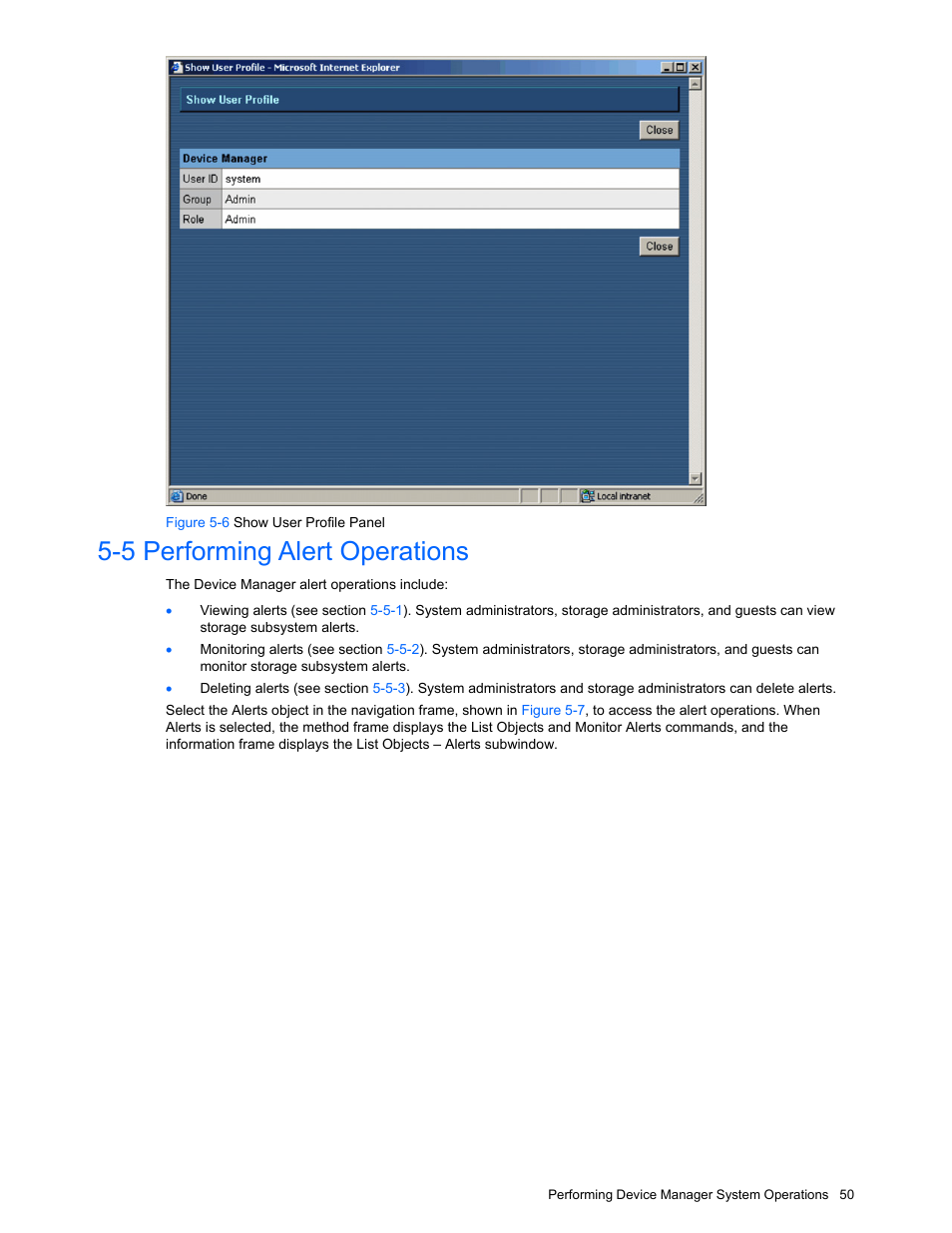 5 performing alert operations, Performing alert operations, Figure 5-6 show user profile panel | HP XP Command View Advanced Edition Software User Manual | Page 50 / 201