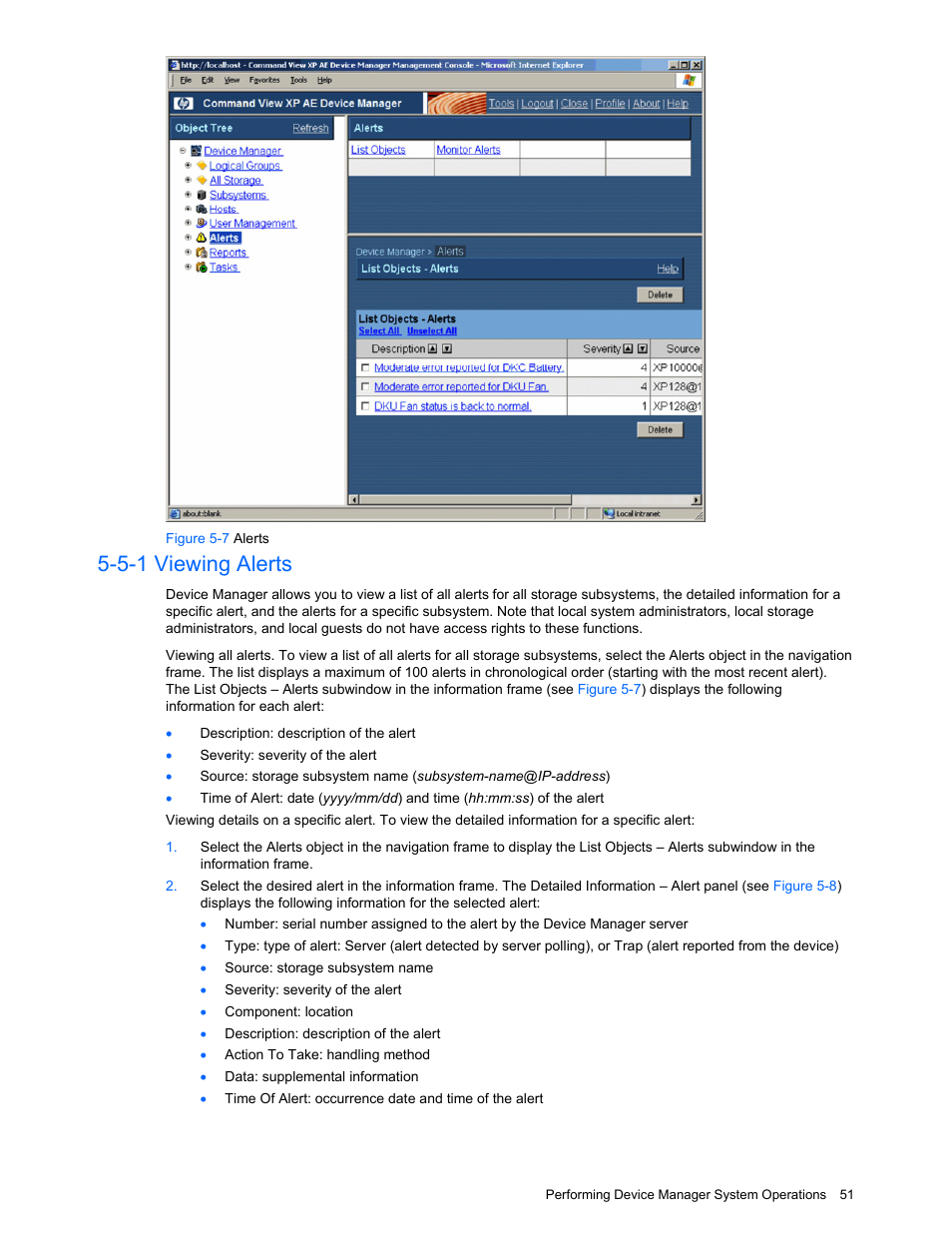 5-1 viewing alerts, Viewing alerts, Figure 5-7 alerts | HP XP Command View Advanced Edition Software User Manual | Page 51 / 201