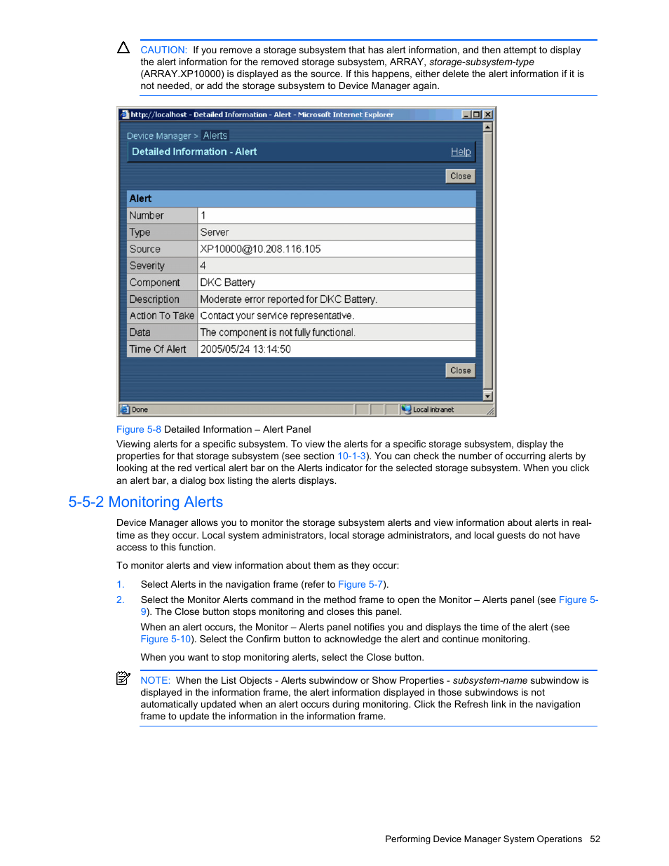 5-2 monitoring alerts, Monitoring alerts, Figure 5-8 detailed information – alert panel | HP XP Command View Advanced Edition Software User Manual | Page 52 / 201