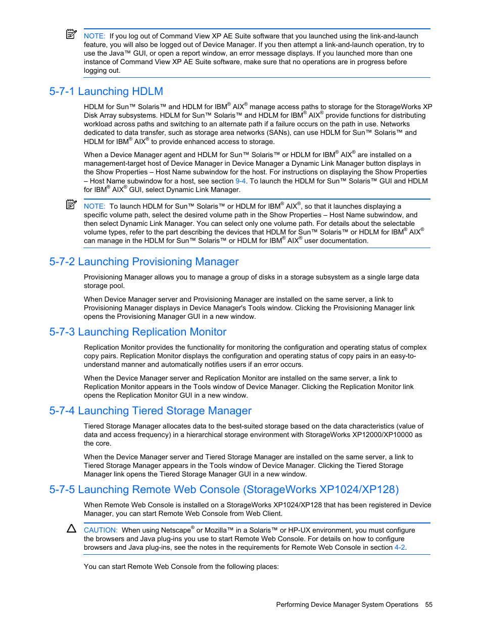 7-1 launching hdlm, 7-2 launching provisioning manager, 7-3 launching replication monitor | 7-4 launching tiered storage manager, Launching hdlm, Launching provisioning manager, Launching replication monitor, Launching tiered storage manager | HP XP Command View Advanced Edition Software User Manual | Page 55 / 201