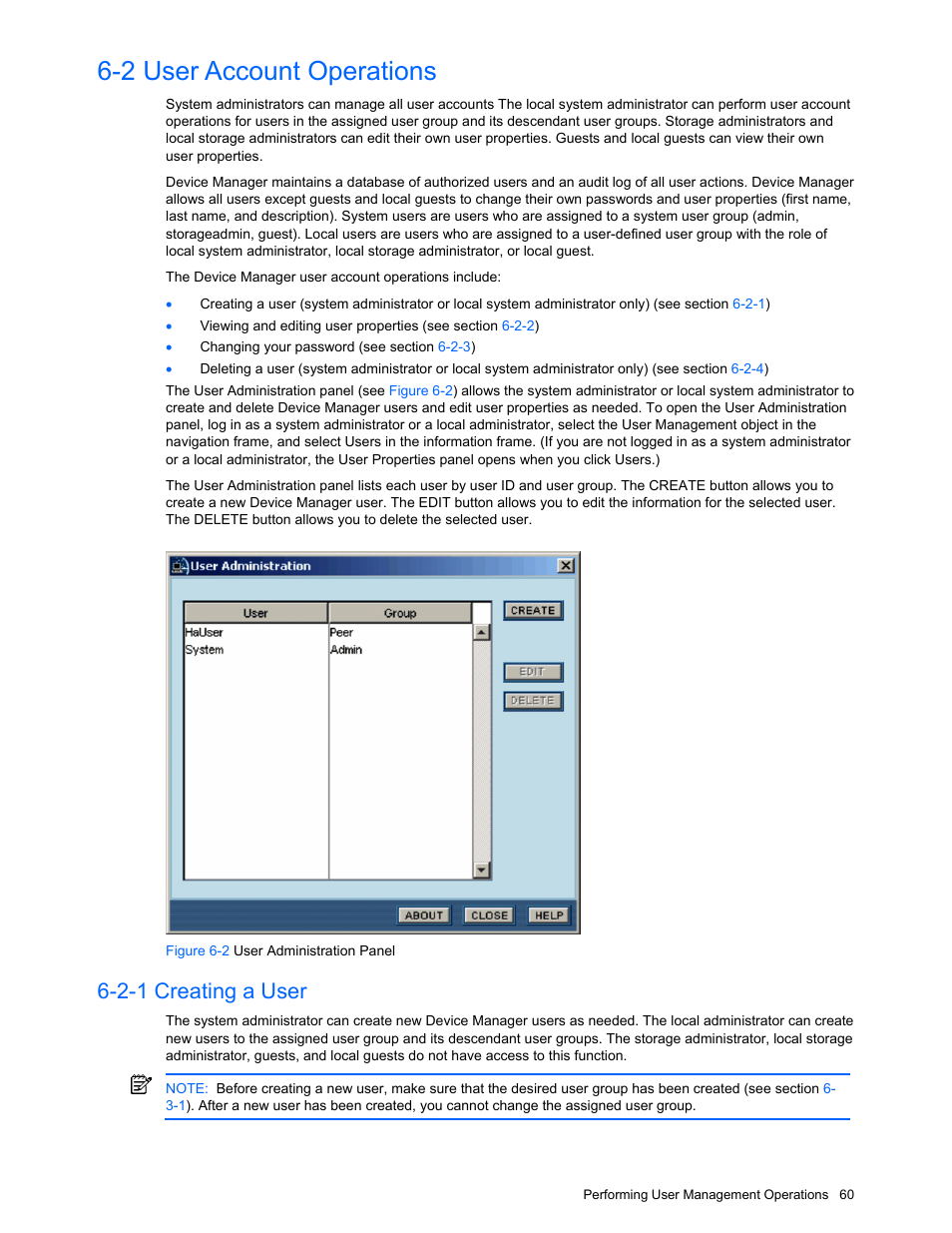 2 user account operations, 2-1 creating a user, User account operations | Creating a user, Figure 6-2 user administration panel | HP XP Command View Advanced Edition Software User Manual | Page 60 / 201