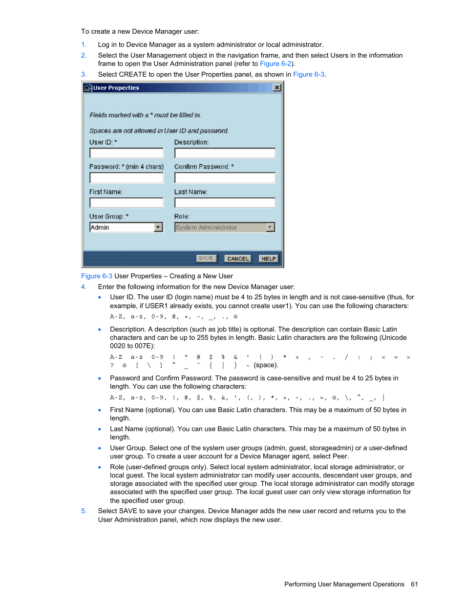 Figure 6-3 user properties – creating a new user | HP XP Command View Advanced Edition Software User Manual | Page 61 / 201