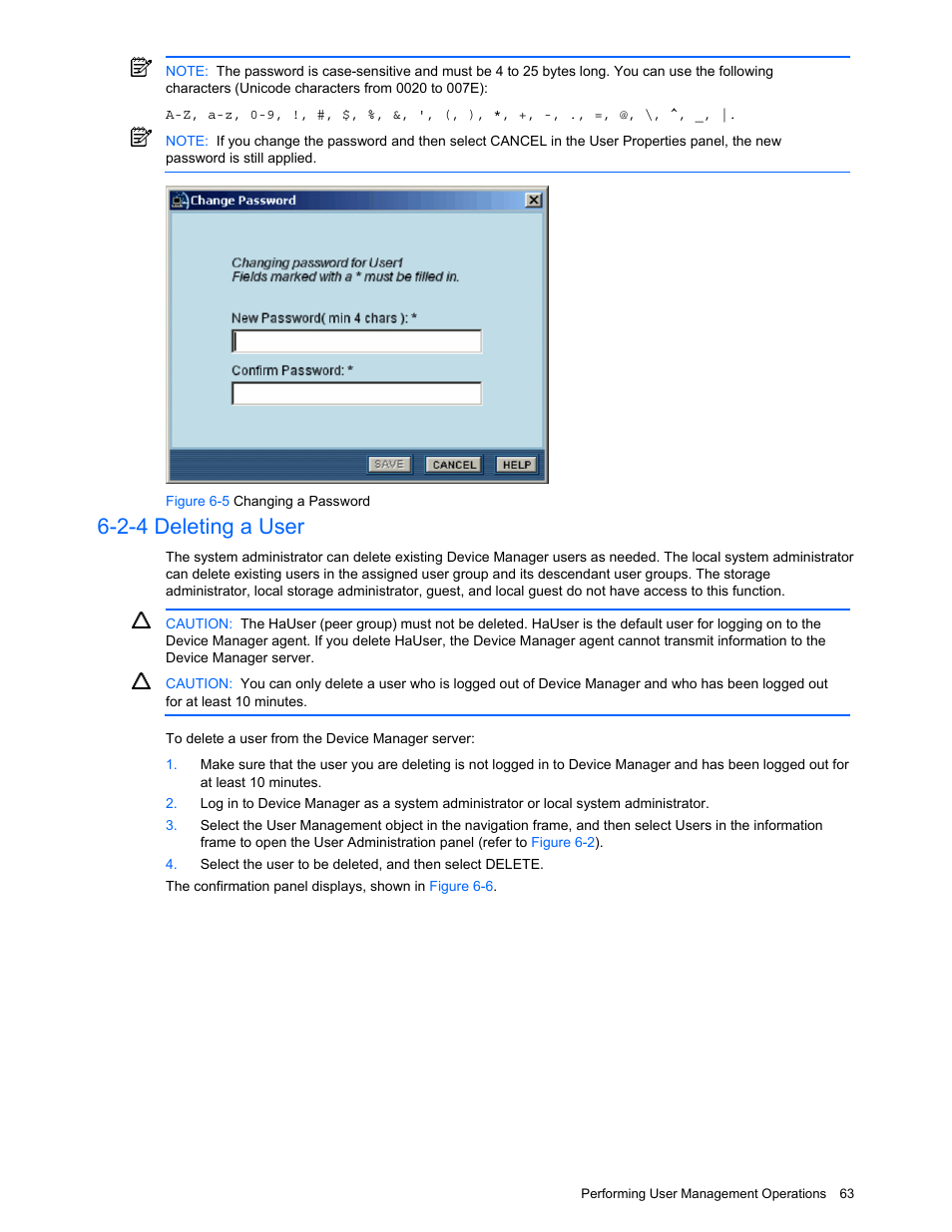 2-4 deleting a user, Deleting a user, Figure 6-5 changing a password | HP XP Command View Advanced Edition Software User Manual | Page 63 / 201