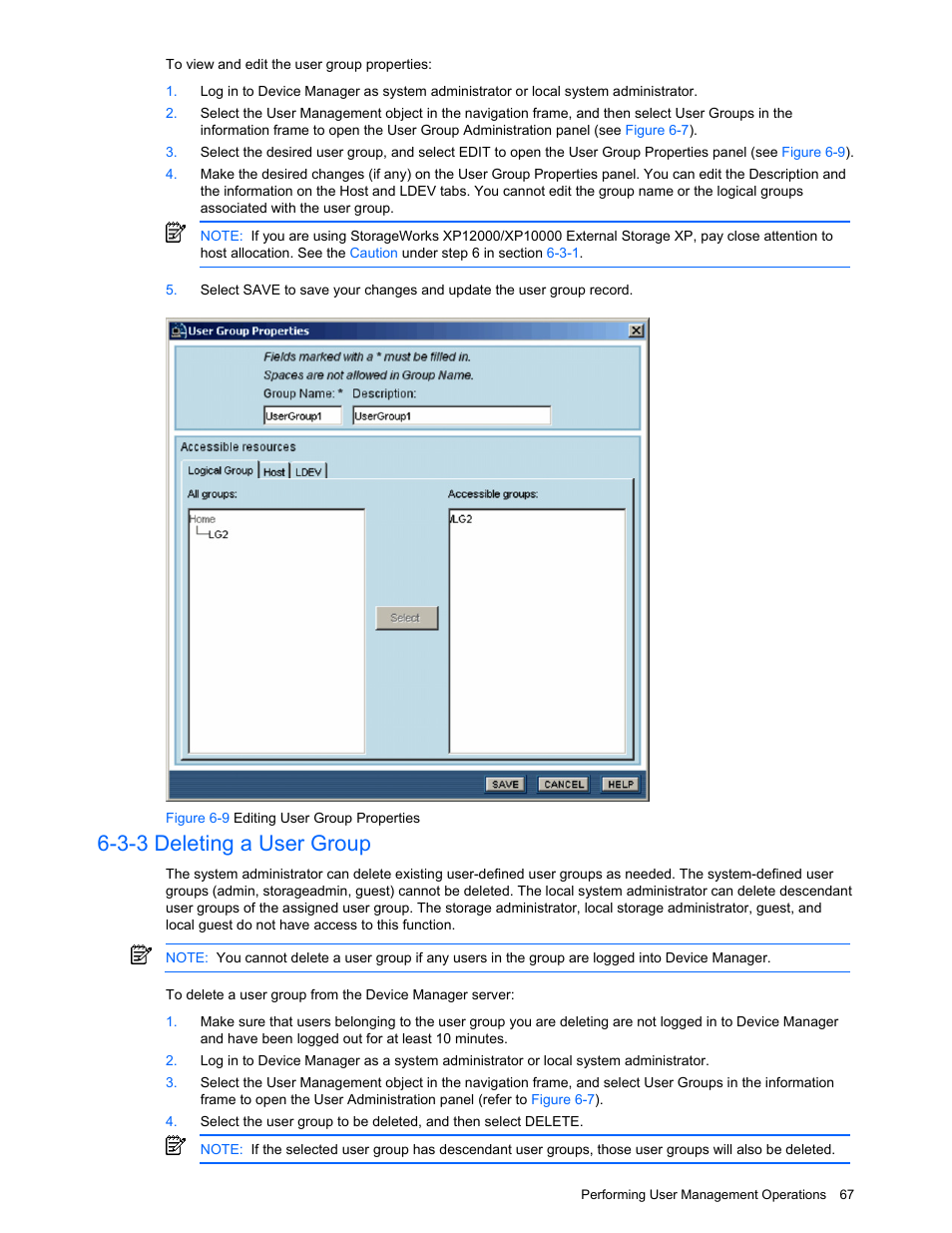 3-3 deleting a user group, Deleting a user group, Figure 6-9 editing user group properties | HP XP Command View Advanced Edition Software User Manual | Page 67 / 201