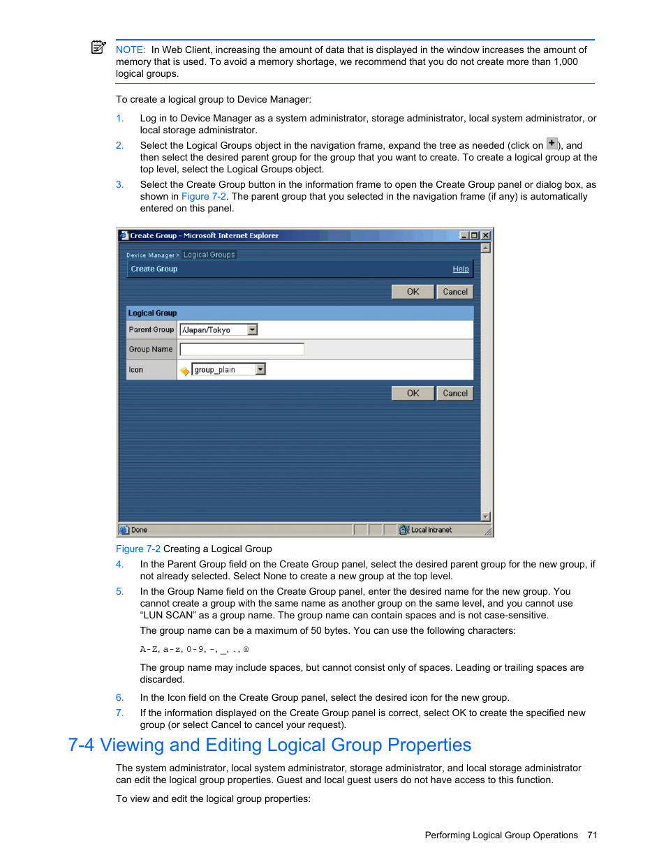 4 viewing and editing logical group properties, Viewing and editing logical group properties, Figure 7-2 creating a logical group | HP XP Command View Advanced Edition Software User Manual | Page 71 / 201