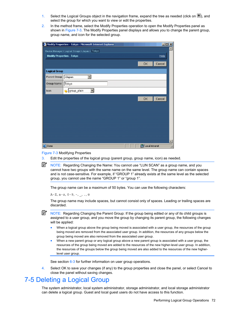 5 deleting a logical group, Deleting a logical group, Figure 7-3 modifying properties | HP XP Command View Advanced Edition Software User Manual | Page 72 / 201