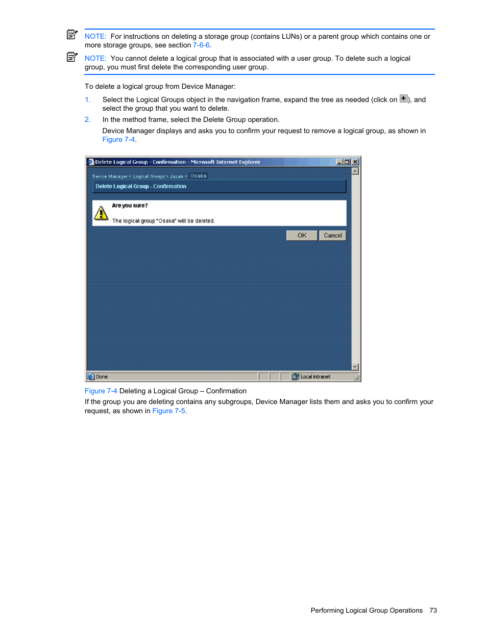 Figure 7-4 deleting a logical group – confirmation | HP XP Command View Advanced Edition Software User Manual | Page 73 / 201