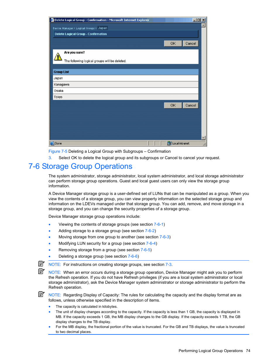 6 storage group operations, Storage group operations | HP XP Command View Advanced Edition Software User Manual | Page 74 / 201