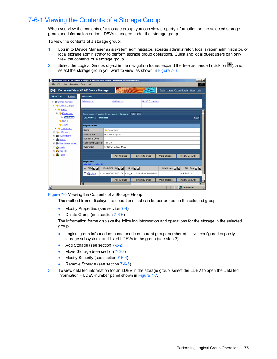 6-1 viewing the contents of a storage group, Viewing the contents of a storage group, Figure 7-6 viewing the contents of a storage group | HP XP Command View Advanced Edition Software User Manual | Page 75 / 201