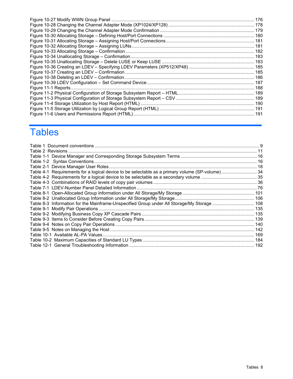 Tables | HP XP Command View Advanced Edition Software User Manual | Page 8 / 201