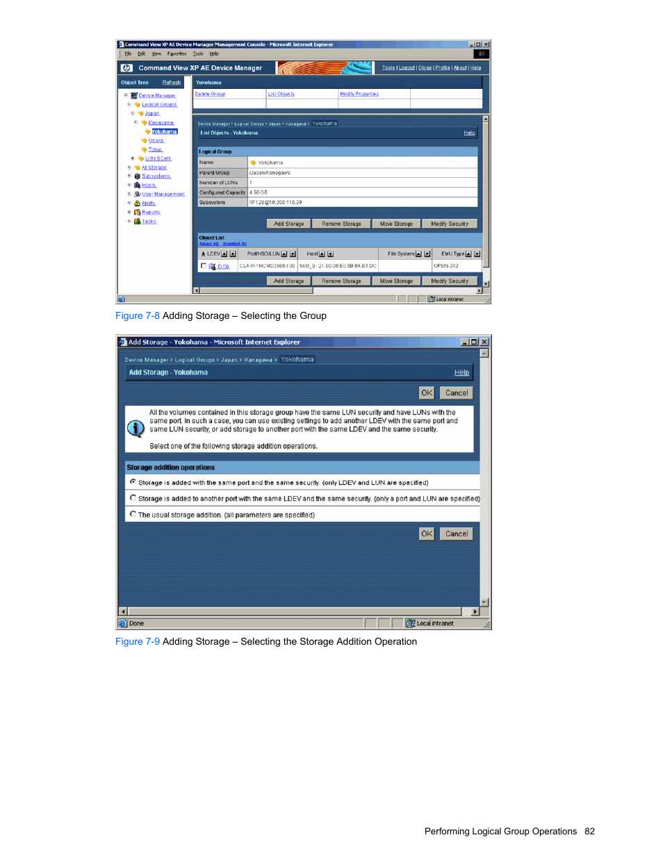 Figure 7-8 adding storage – selecting the group | HP XP Command View Advanced Edition Software User Manual | Page 82 / 201