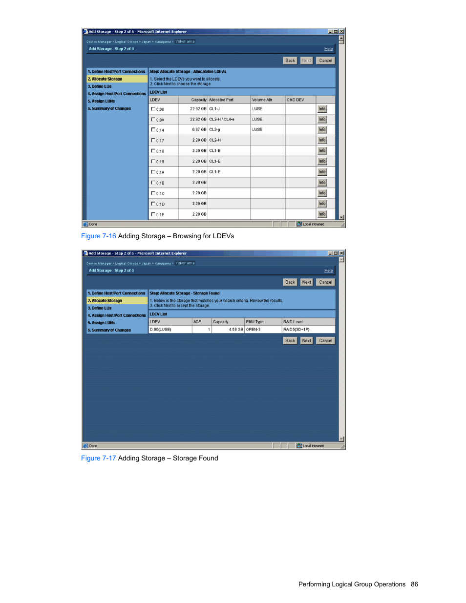 Figure 7-16 adding storage – browsing for ldevs, Figure 7-17 adding storage – storage found | HP XP Command View Advanced Edition Software User Manual | Page 86 / 201