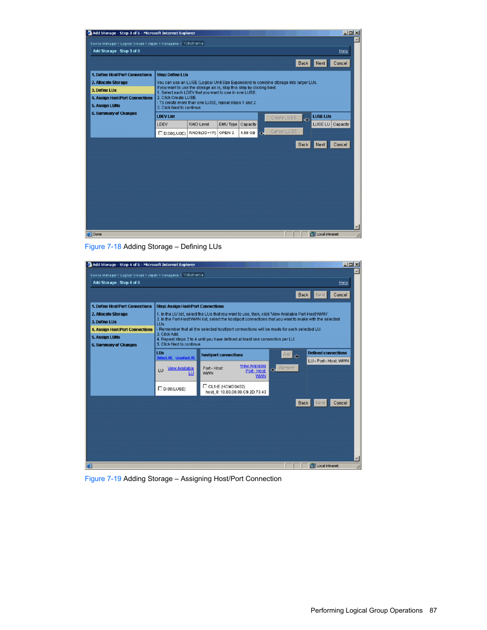 Figure 7-18 adding storage – defining lus | HP XP Command View Advanced Edition Software User Manual | Page 87 / 201