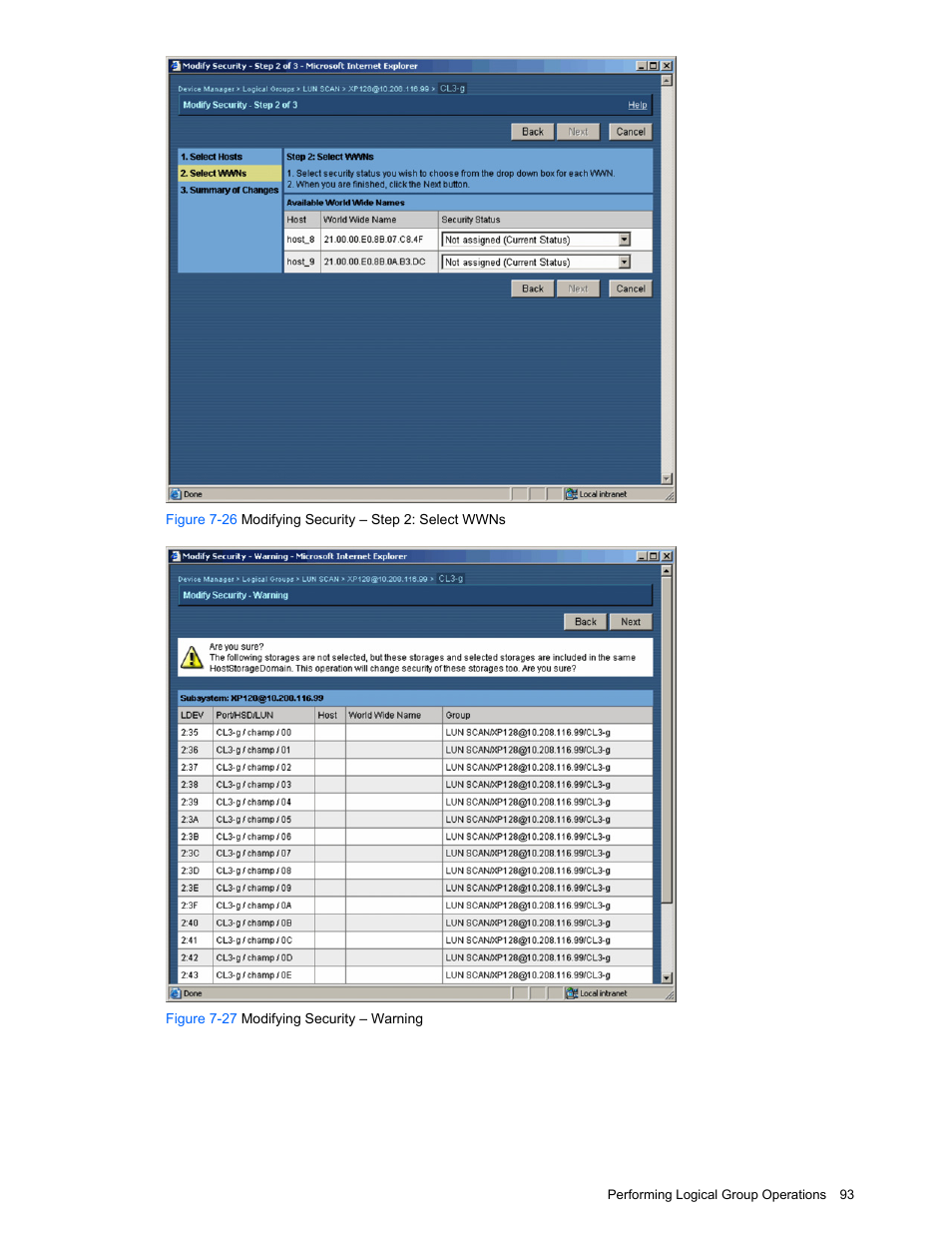 Figure 7-27 modifying security – warning | HP XP Command View Advanced Edition Software User Manual | Page 93 / 201