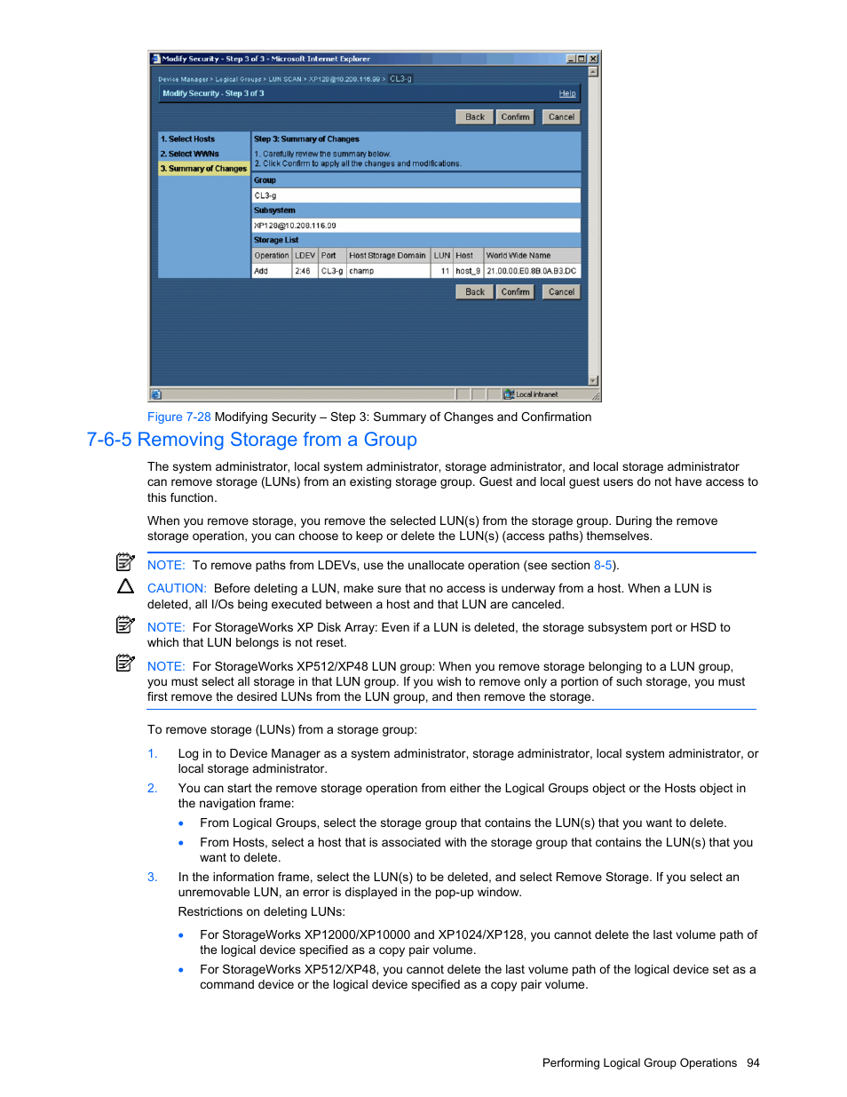 6-5 removing storage from a group, Removing storage from a group | HP XP Command View Advanced Edition Software User Manual | Page 94 / 201