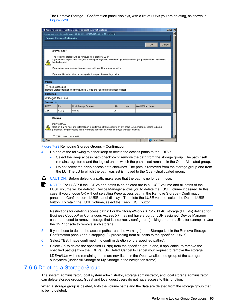 6-6 deleting a storage group, Deleting a storage group, Figure 7-29 removing storage groups – confirmation | HP XP Command View Advanced Edition Software User Manual | Page 95 / 201