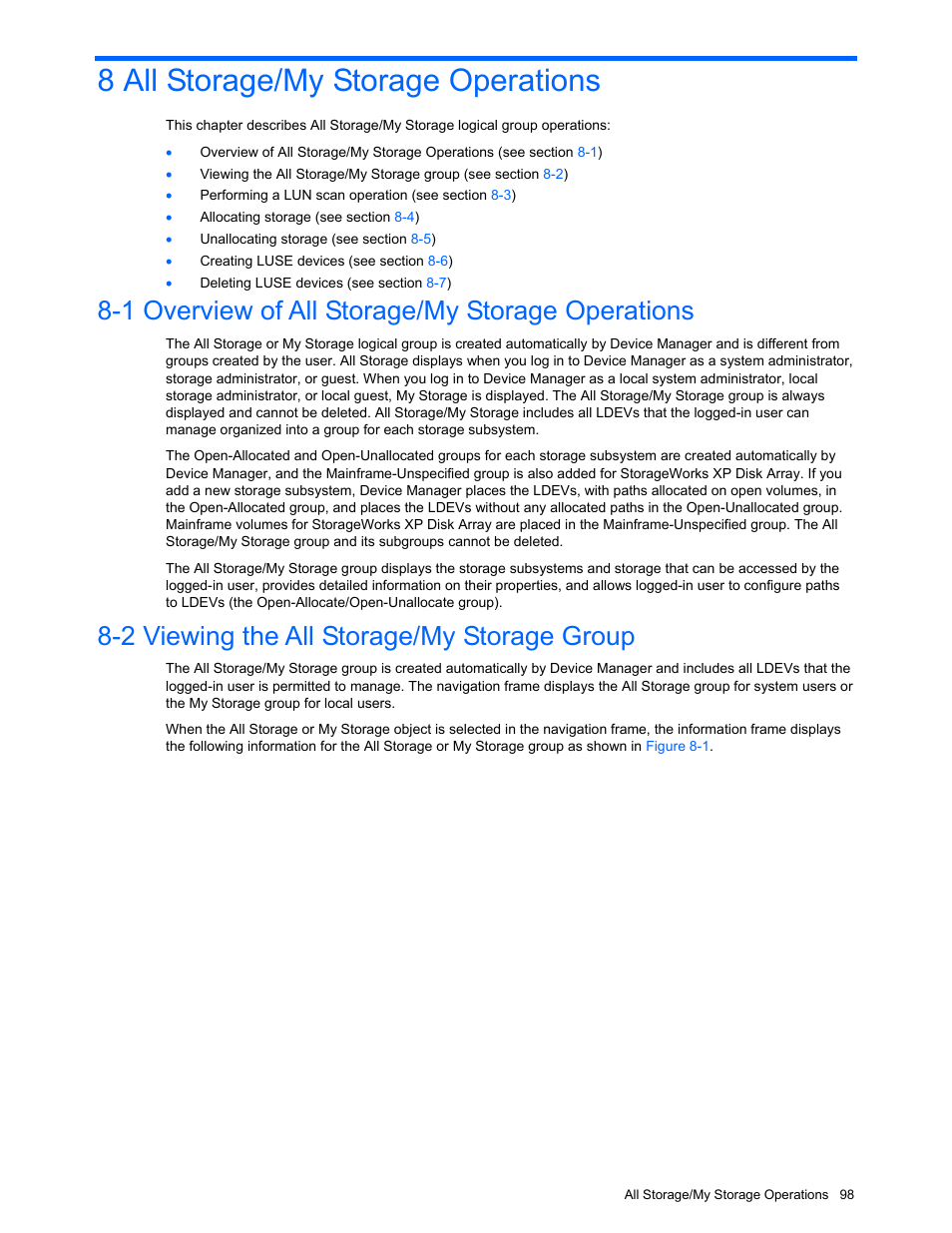 8 all storage/my storage operations, 1 overview of all storage/my storage operations, 2 viewing the all storage/my storage group | All storage/my storage operations, Overview of all storage/my storage operations, Viewing the all storage/my storage group | HP XP Command View Advanced Edition Software User Manual | Page 98 / 201