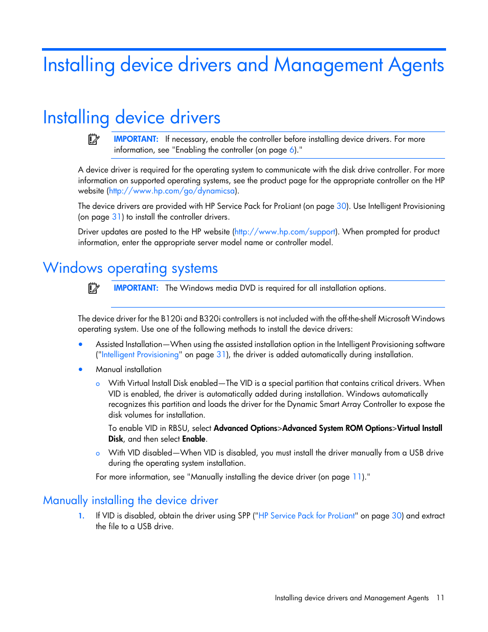 Installing device drivers and management agents, Installing device drivers, Windows operating systems | Manually installing the device driver | HP Dynamic Smart Array Controllers User Manual | Page 11 / 37