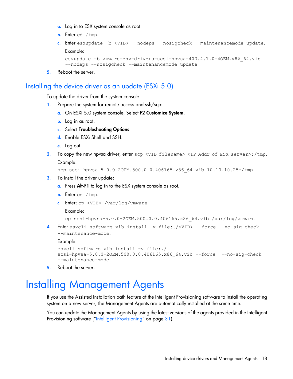 Installing management agents, Installing the device driver as an, Update (esxi 5.0) | HP Dynamic Smart Array Controllers User Manual | Page 18 / 37