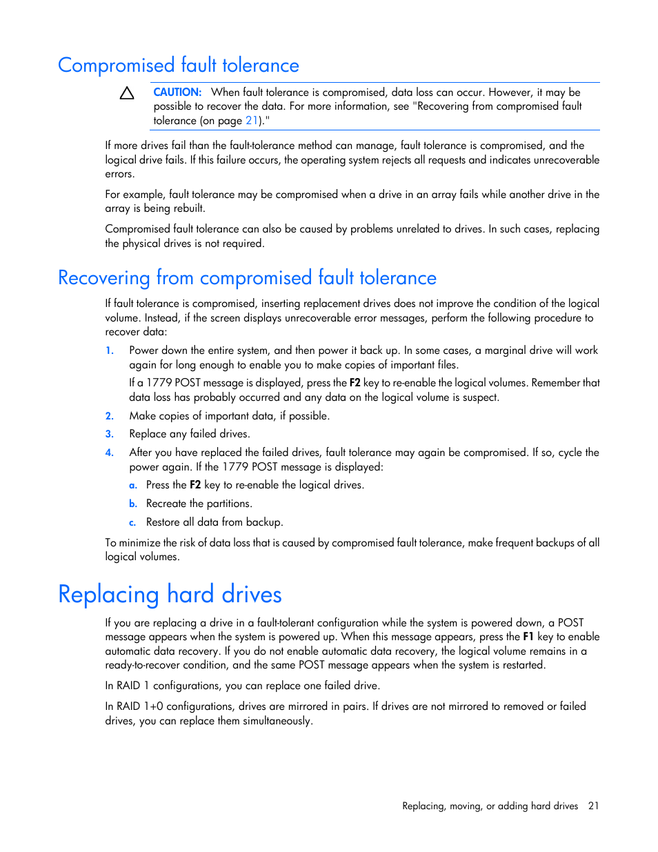 Compromised fault tolerance, Recovering from compromised fault tolerance, Replacing hard drives | HP Dynamic Smart Array Controllers User Manual | Page 21 / 37