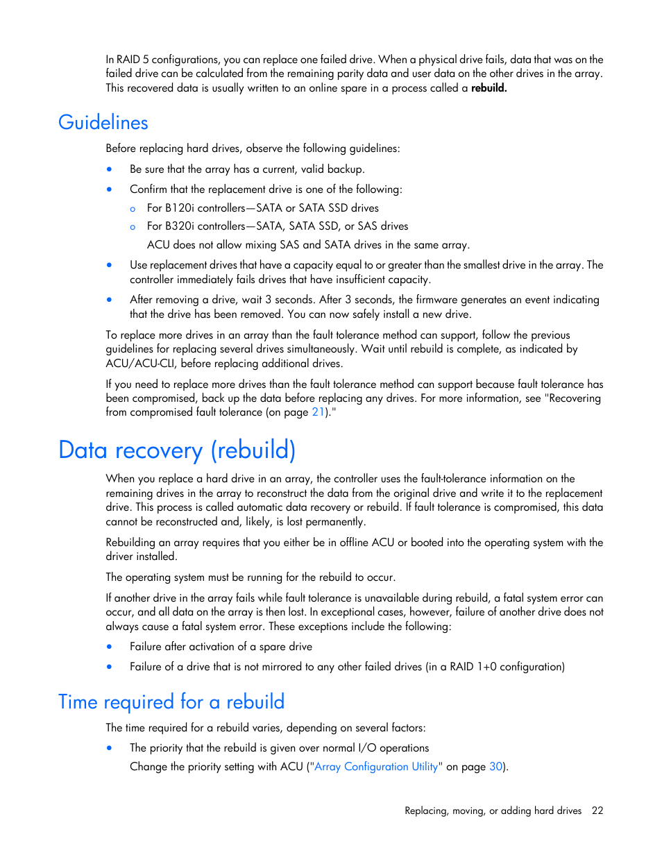 Guidelines, Data recovery (rebuild), Time required for a rebuild | HP Dynamic Smart Array Controllers User Manual | Page 22 / 37