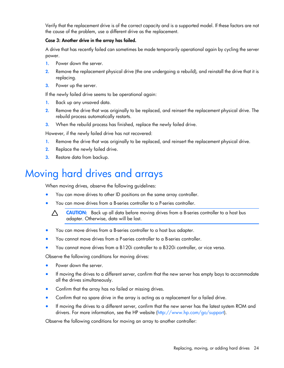Moving hard drives and arrays | HP Dynamic Smart Array Controllers User Manual | Page 24 / 37